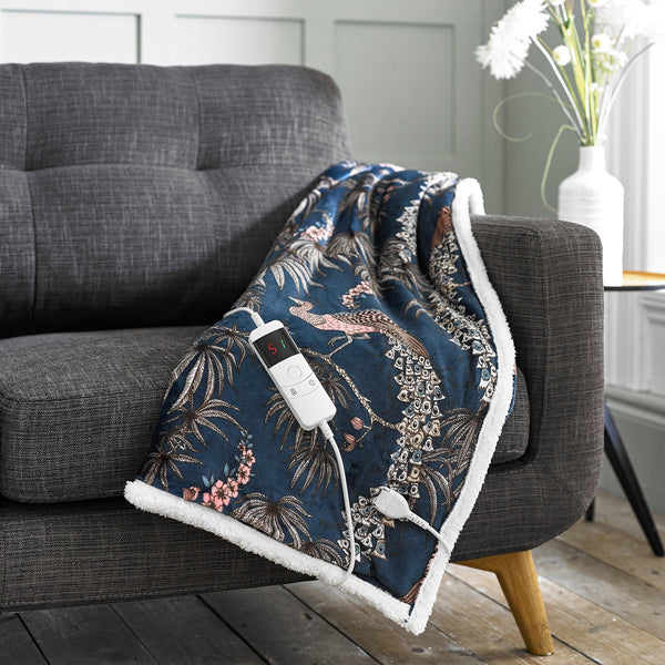 Peacocks Sherpa Heated Throw - Navy