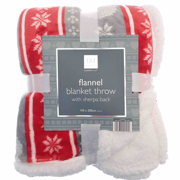 Nordic Flannel Printed Sherpa Throw - Grey/Red