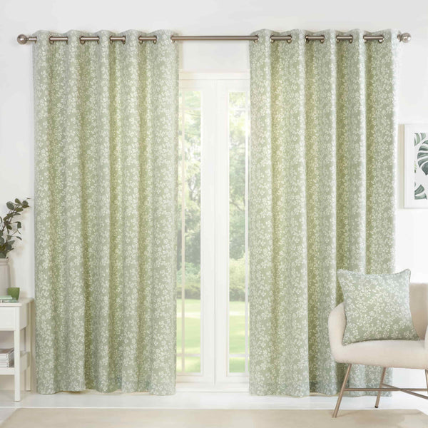 Sade Floral Eyelet Curtains - Green