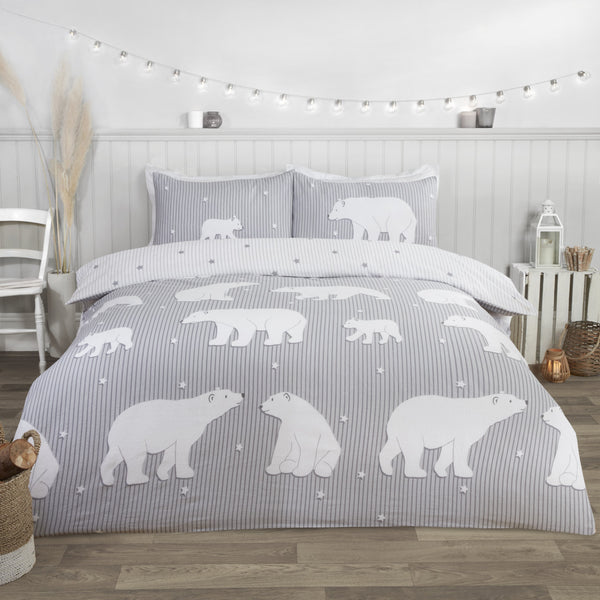 Polar Bear Brushed Cotton Duvet Set - Grey