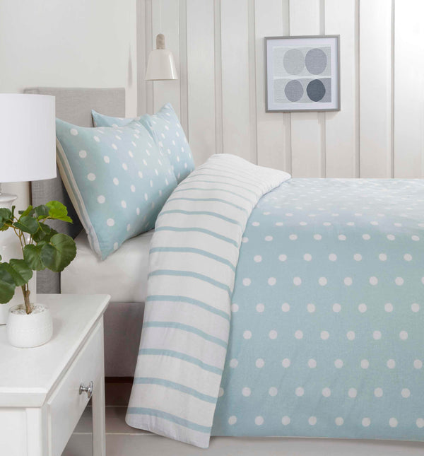 Spots & Stripes Brushed Duvet Cover Set - Duck Egg